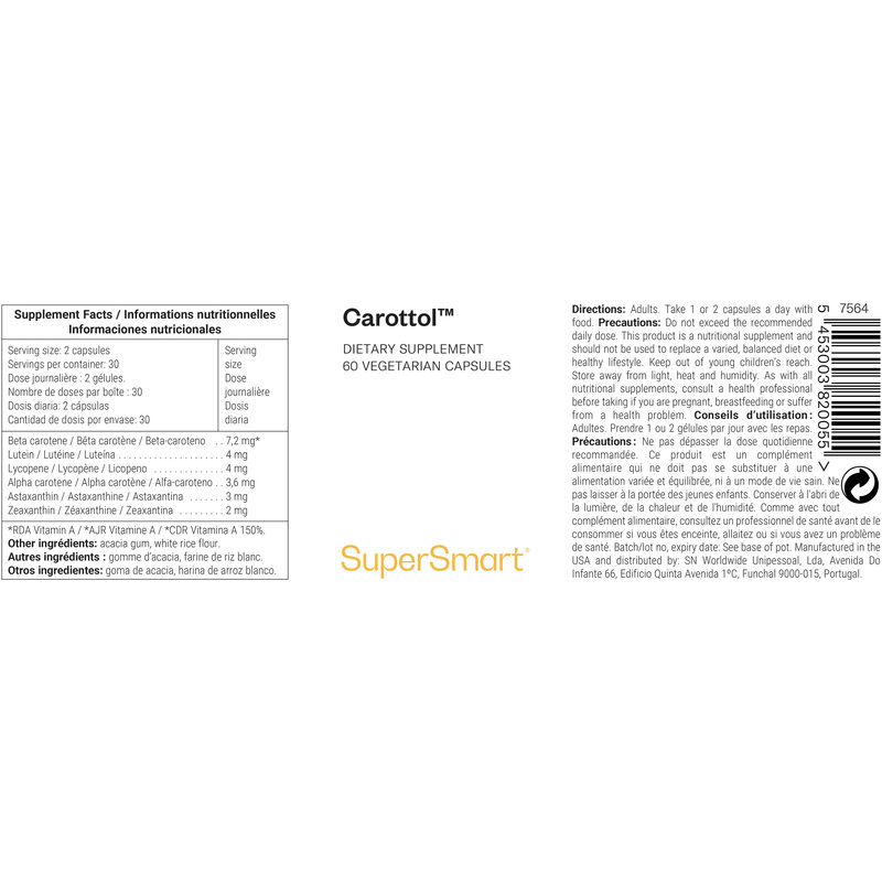 Carottol™ Supplement 13 500 UI , Made In USA , GMO & Gluten Free , Vision Care - Bone Health With Beta-Carotene , 60 Vegetarian Capsules - SuperSmart