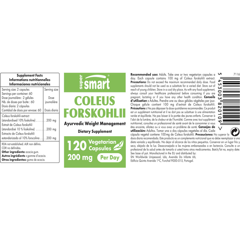 Coleus Forskohlii 200 Mg , GMO & Gluten Free , 120 Vegetarian Capsules - SuperSmart