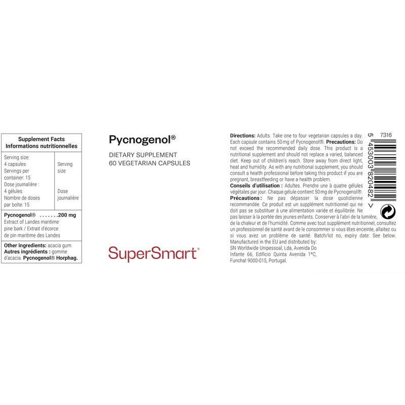 Pycnogenol® 200 Mg Per Day , GMO & Gluten Free , French Natural Antioxidant - Maritime Pines Bark - Skin Health , 60 Vegetarian Capsules - SuperSmart