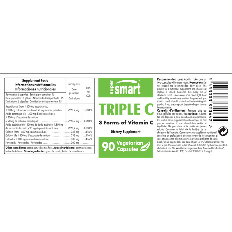 Triple C , Made In USA , GMO & Gluten Free , Best Vitamin C Supplement - Immune System & Cardiovascular Health , 90 Vegetarian Capsules - SuperSmart