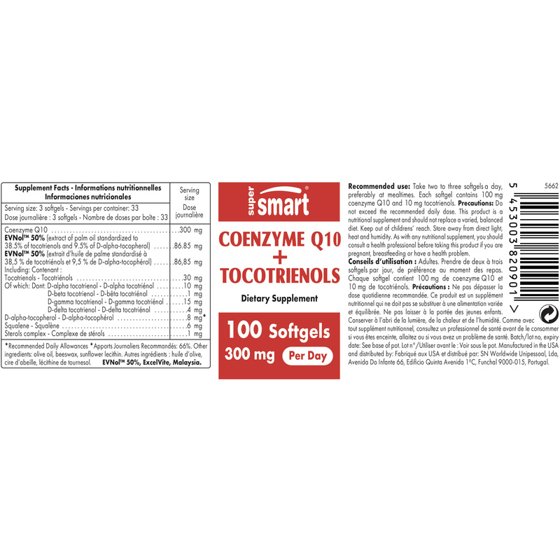 CoQ10 + Tocotrienols 100 Mg , GMO & Gluten Free , 100 Softgels - SuperSmart