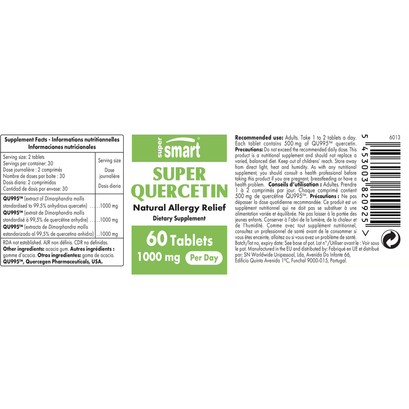 Super Quercetin 1000 Mg Per Day , GMO & Gluten Free , Natural Flavonol Quercetin Supplement - Allergies Relief , 60 Tablets - SuperSmart