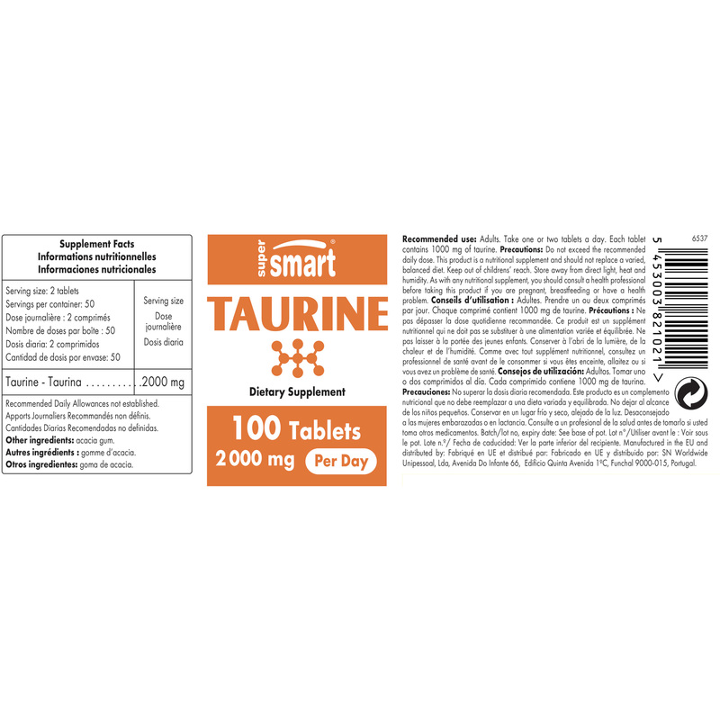 Taurine Supplement 1000 Mg , GMO & Gluten Free , Improve Mental & Physical Performance - Anxiety Relief & Energy Pills , 100 Tablets - SuperSmart