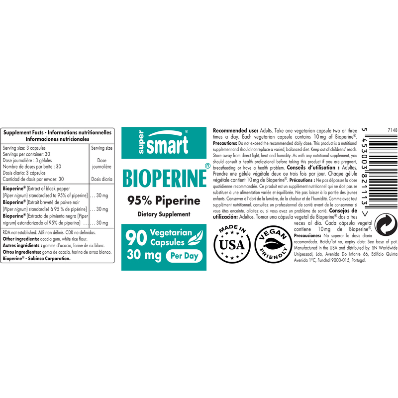 Bioperine® 30mg - SuperSmart , Patented Black Pepper Extract - High Potency , Non-GMO & Gluten Free - 90 Vegetarian Capsules