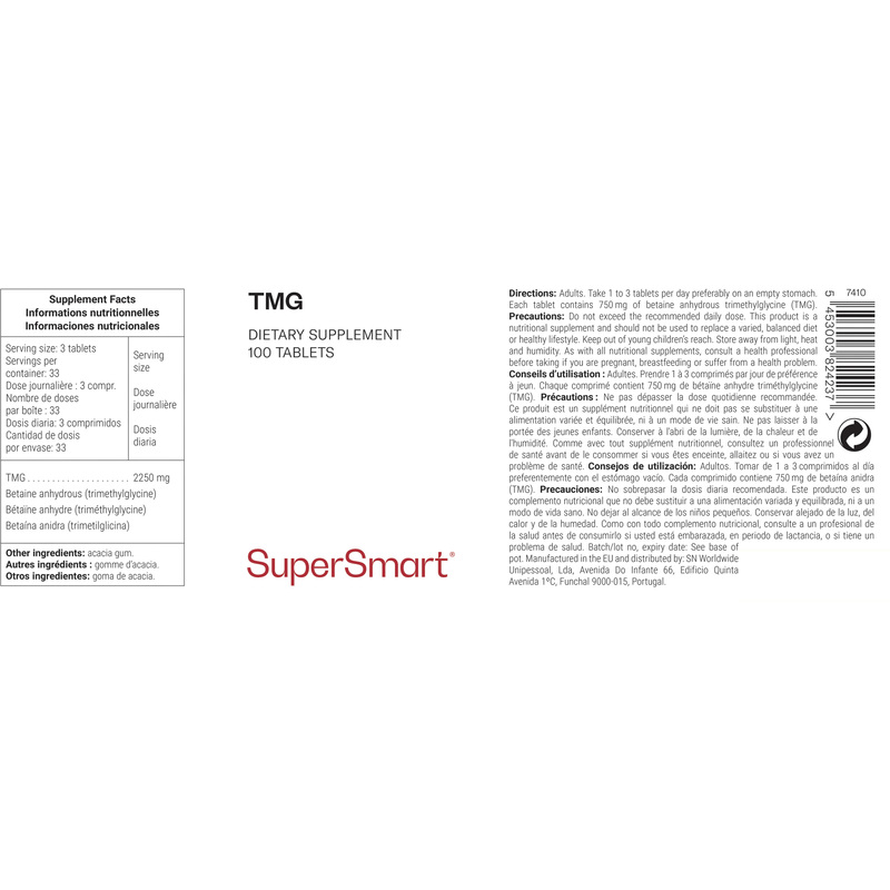 TMG Supplement 2250 Mg Per Day , GMO & Gluten Free , 100 Tablets - SuperSmart