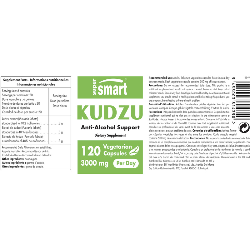 Kudzu Extract 3 G Per Day , GMO & Gluten Free , Natural Anti Alcohol Pills - Detox Supplement - Hangover Cure , 120 Vegetarian Capsules - SuperSmart