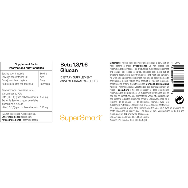 Beta 1.3/1.6 Glucan 250 Mg , GMO & Gluten Free , Immune System Booster - Respiratory Health Supplement , 60 Vegetarian Capsules - SuperSmart