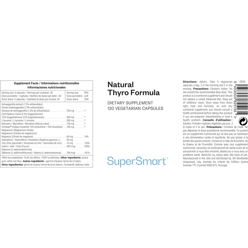 Natural Thyroformula | Made in USA | GMO & Gluten Free | Thyroid Health Supplement - Normal Hormone Levels | 120 Vegetarian Capsules - SuperSmart 0