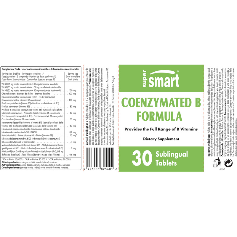 Coenzymated B Formula , GMO & Gluten Free , Complex Of Vitamins B - Liver Health , 30 Subtingual Tablets - SuperSmart