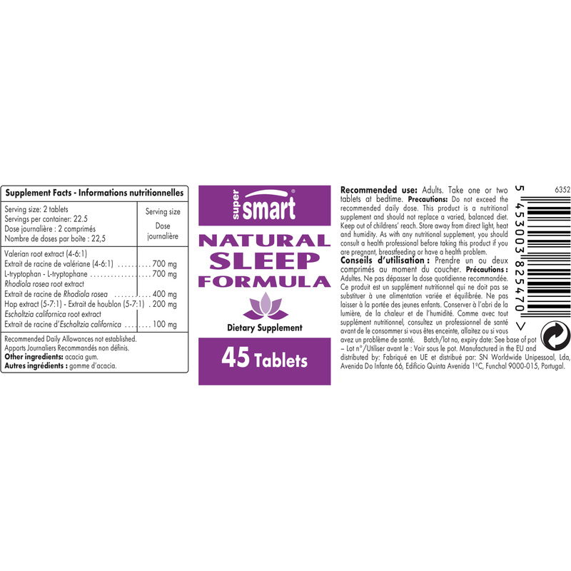 Natural Sleep Formula , GMO & Gluten Free , Natural Active Principles - Best Sleep Aid Supplement , 45 Tablets - SuperSmart