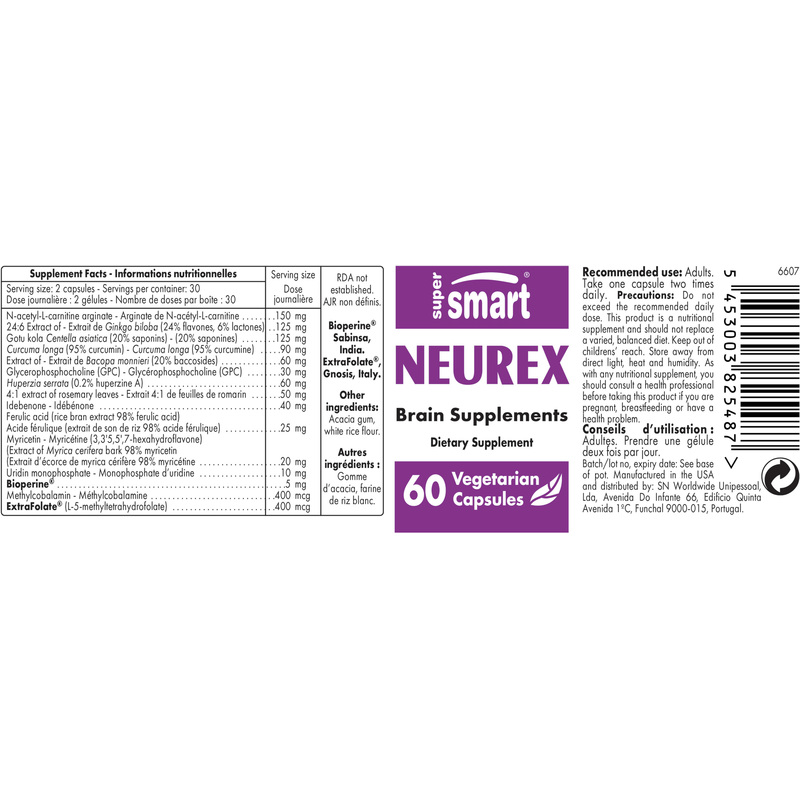 Neurex , Made In USA , GMO & Gluten Free , Best Brain Health Supplement - Anti Aging & Antioxidant , 60 Vegetarian Capsules - SuperSmart