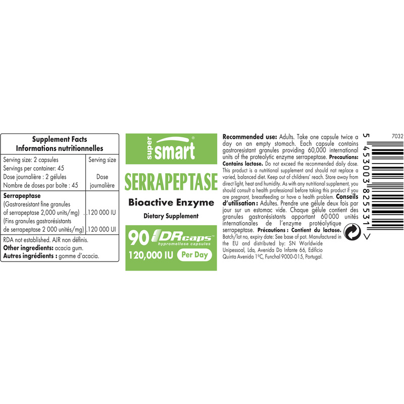 Serrapeptase 60 000 IU , GMO & Gluten Free , Natural Pain Relief - Anti Inflammatory Enzyme , 90 Delayed Release Capsulesules - SuperSmart