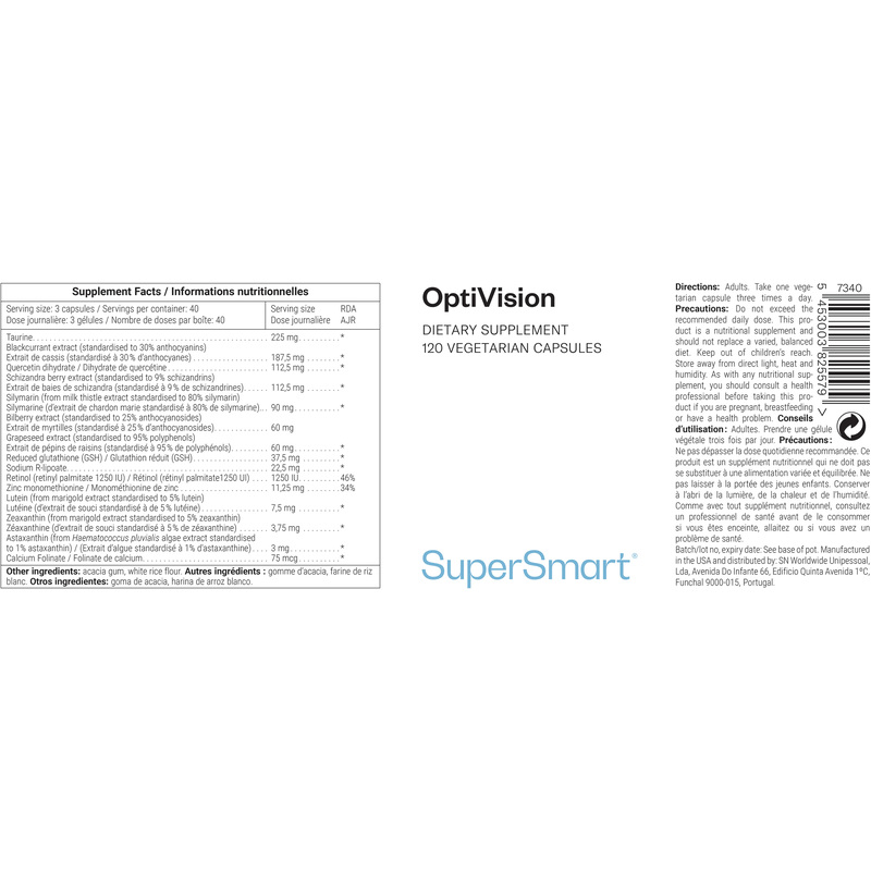 OptiVision , Made In USA , GMO & Gluten Free , Eye Care & Health Supplement - Healthy Vision - Protect Eyesight , 120 Vegetarian Capsules - SuperSmart