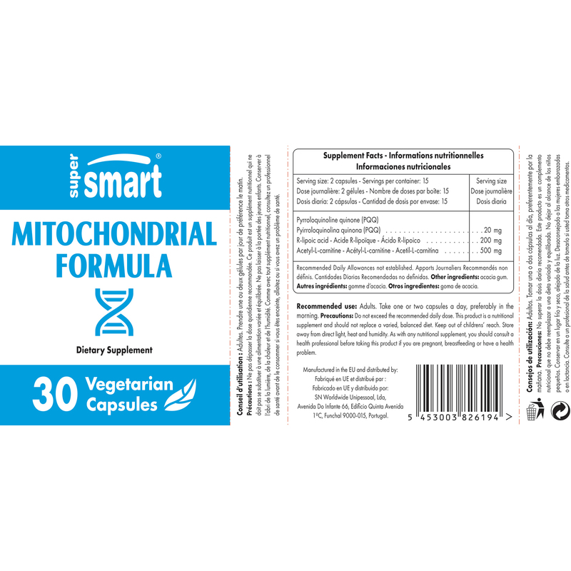 Mitochondrial Formula - SuperSmart | Advanced Formula - with PQQ, R-Lipoic Acid, Acetyl-L-Carnitine | Gluten Free - 30 Veg Caps 0