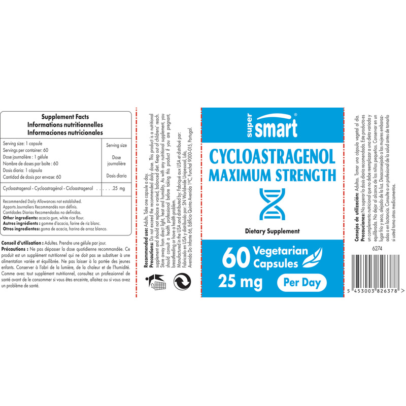 Cycloastragenol Max Strength 25mg - SuperSmart | 98% Purity - DNA & Telomeres Supplement - Astragalus Membranaceus | Gluten Free - 60 Vege Caps 0