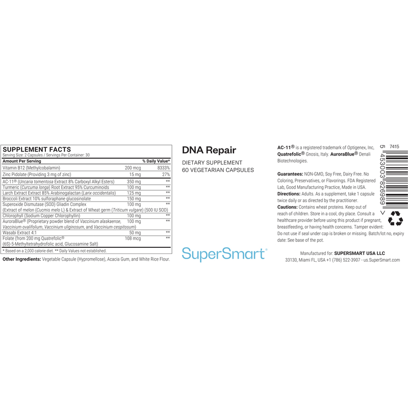 DNA Repair - SuperSmart | Advanced Formula - with AC-11, SGS, SOD Gliadins Complex | Gluten Free - 60 Vegetarian Capsules 0