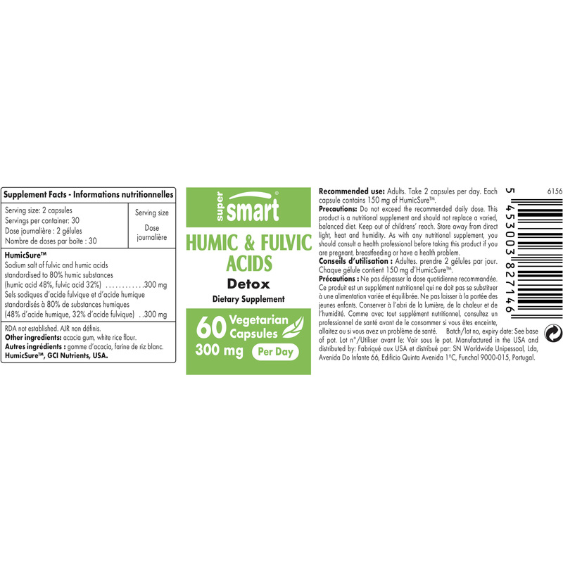 Humic & Fulvic Acids 150 Mg , Made In USA , GMO & Gluten Free , Detox Supplement - Immune System Booster , 60 Vegetarian Capsules - SuperSmart