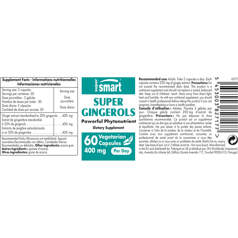 Super Gingerols 400mg - SuperSmart , High Potency 20% Gingerol - Ginger Root Extract Supplement , Gluten Free - 60 Vegetarian Capsules