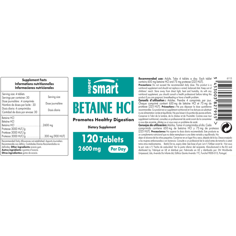 Betaine HCl , 120 Tablets - SuperSmart