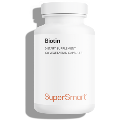 Bote de complemento alimenticio de biotina o vitamina B7 (también llamada vitamina B8 o vitamina H)