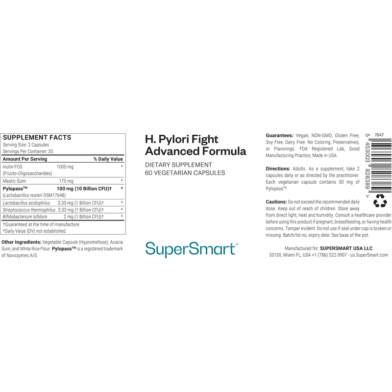 H. Pylori Fight (Advanced Formula) - SuperSmart , Pylopass Reuteri Probiotic Supplement , Non-GMO & Gluten Free - 60 Vegetarian Capsules