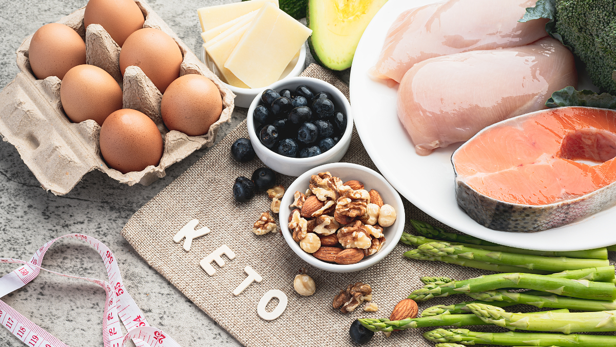 Ketogenic diet with meat, fish, eggs, avocados and the word keto
